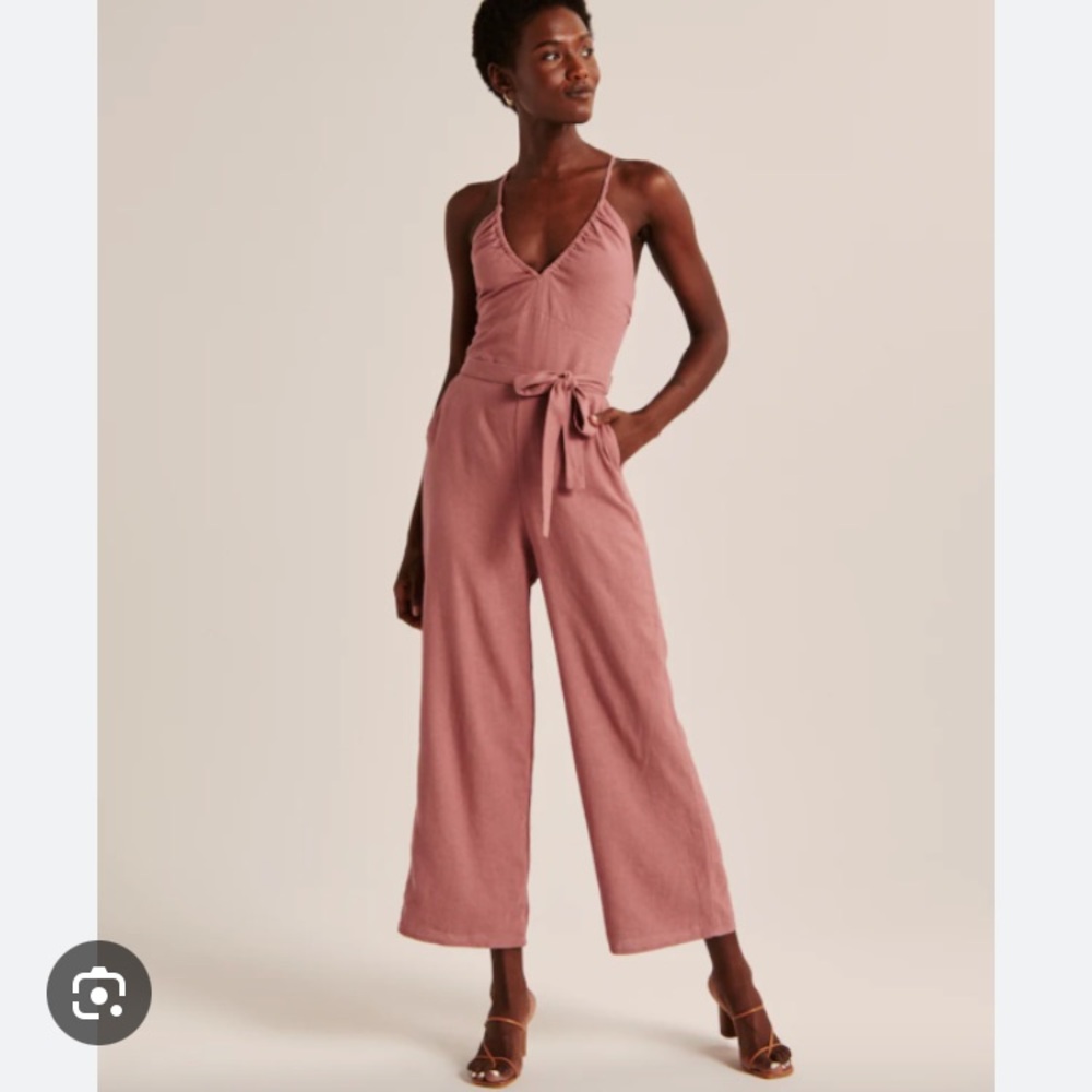ABERCROMBIE & FITCH V-Neck Linen cropped Jumpsuit tie waist S